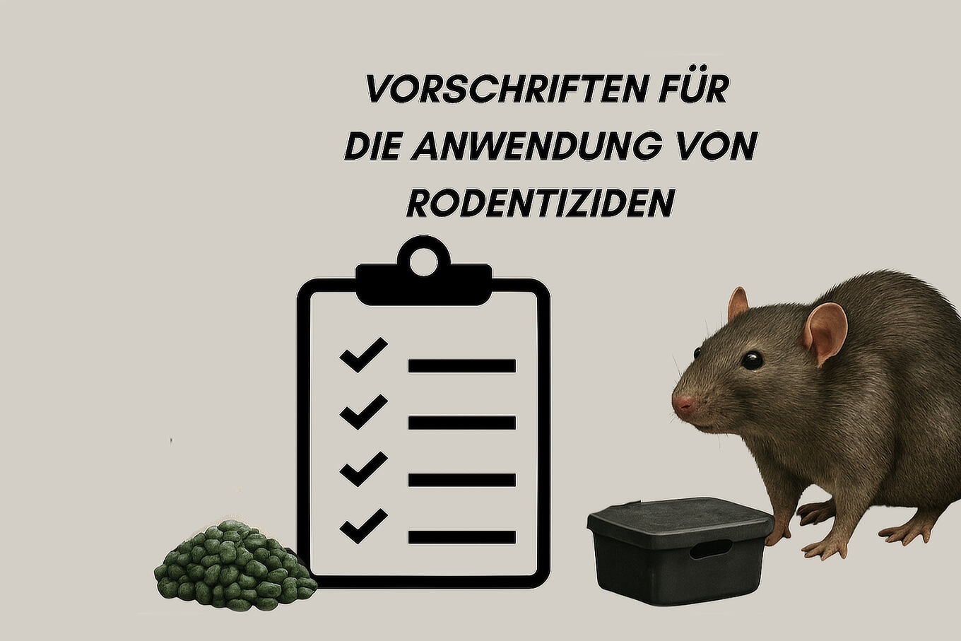 Symbolbild für den Blogbeitrag: Anwendung von Rodentiziden - Vorschriften. Bild einer Ratte mit Rodentiziden und einer Checkliste.