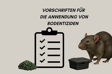 Symbolbild für den Blogbeitrag: Anwendung von Rodentiziden - Vorschriften. Bild einer Ratte mit Rodentiziden und einer Checkliste.