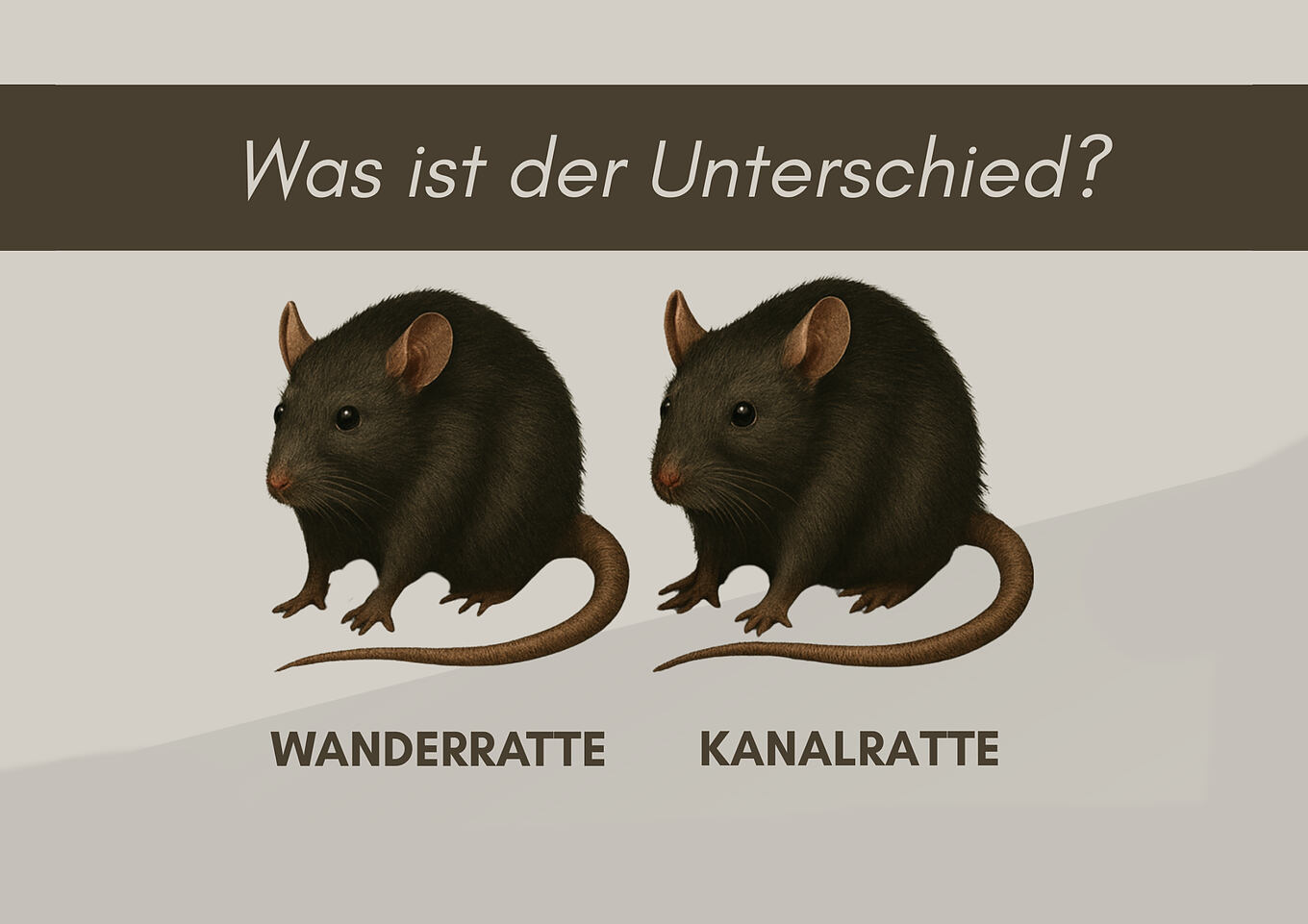 Symbolbild für den Blogbeitrag: Wanderratte vs. Kanalratte: Was ist der Unterschied? Es sind zwei gleiche Ratten abgebildet. Eine Kanalratte und eine Wanderratte.