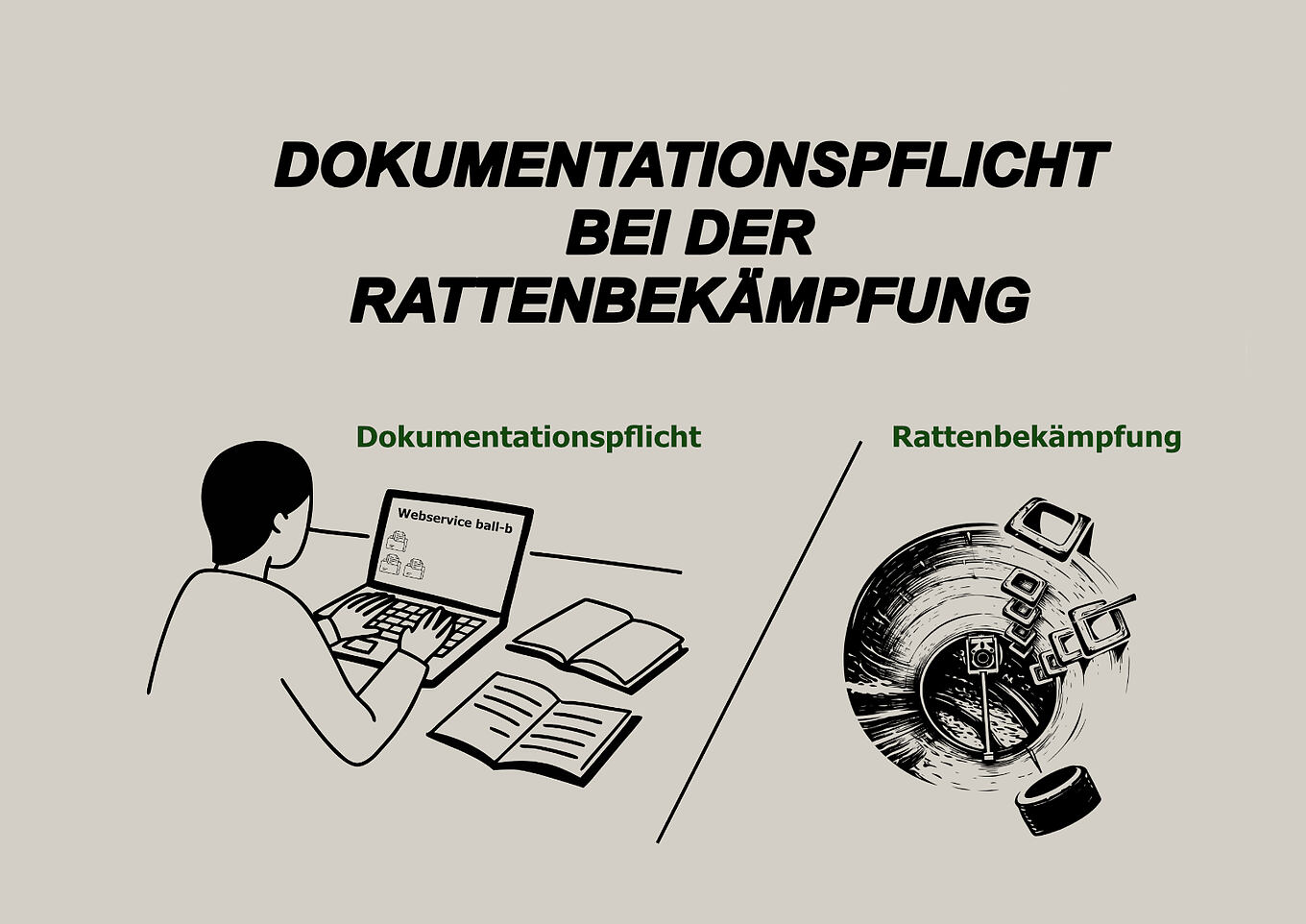 Symbolbild für den Blogbeitrag: Dokumentationspflicht bei der Rattenbekämpfung. Bild mit Mensch vor Computer und Bild einer Köderschutzbox im Kanal
