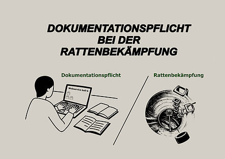Symbolbild für den Blogbeitrag: Dokumentationspflicht bei der Rattenbekämpfung. Bild mit Mensch vor Computer und Bild einer Köderschutzbox im Kanal