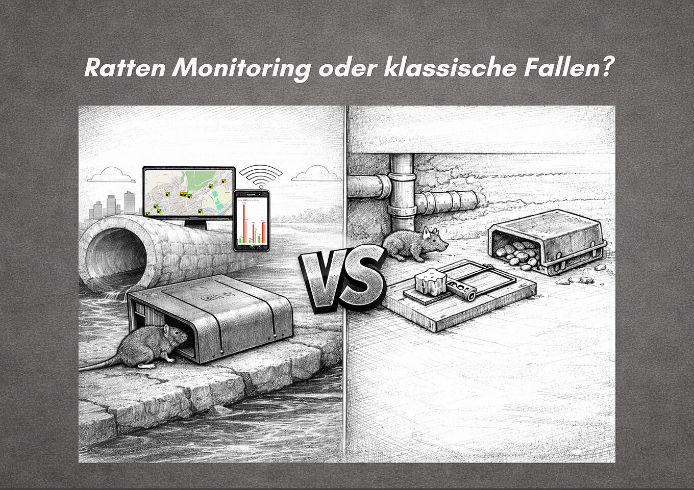 Symbolbild für den Blogbeitrag: Ratten Monitoring oder klassische Fallen? Vergleich moderner Rattenbekämpfung